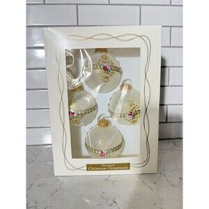 VTG Christmas By Krebs Ribbon Floral Glitter Frosted Glass Crown Ornaments (4)